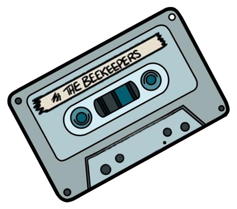 An illustration of a cassette tape with a strip of masking tape as a label - "The Beekeepers" is scrawled across the masking tape.